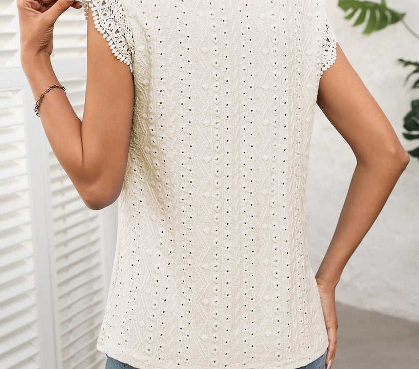 Lace Detail Round Neck Cap Sleeve Top