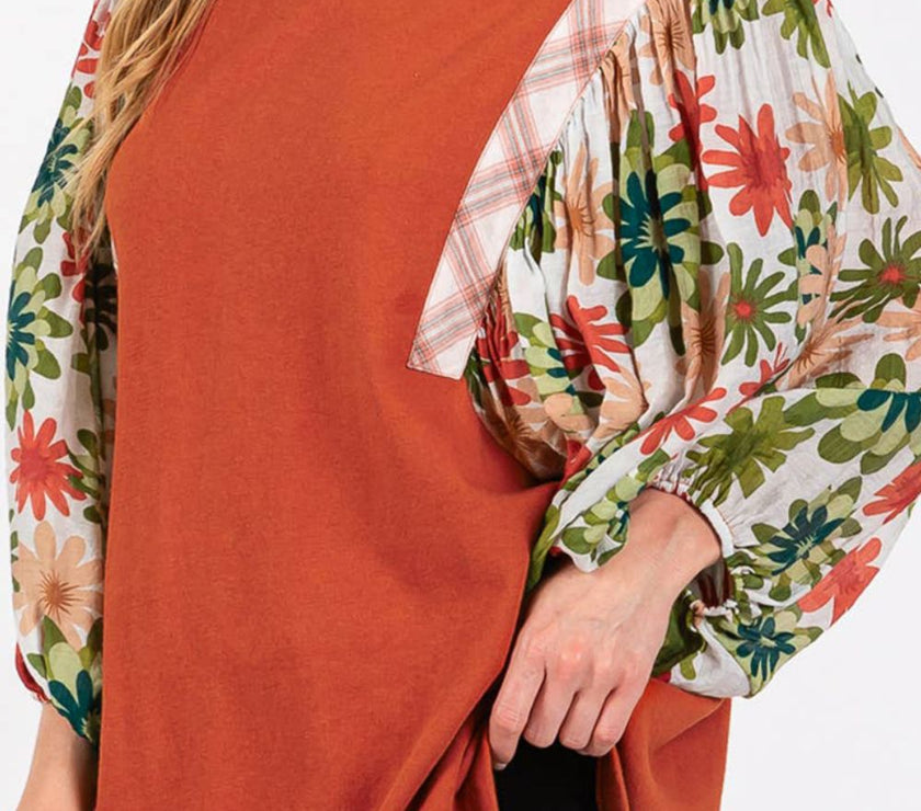 Printed Round Neck Balloon Sleeve Blouse