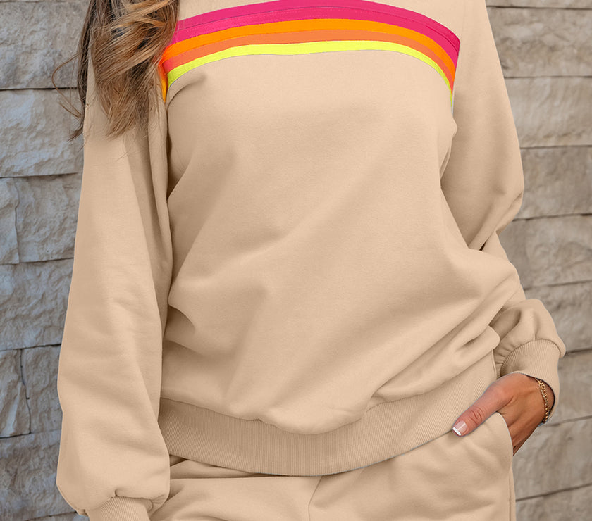 Apricot Striped Accent Pullover and Shorts Two Piece Casual Set