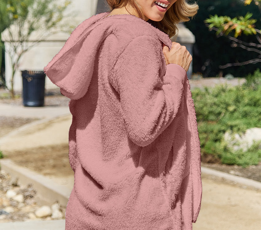 Full Size Teddy Hooded Jacket with Pockets