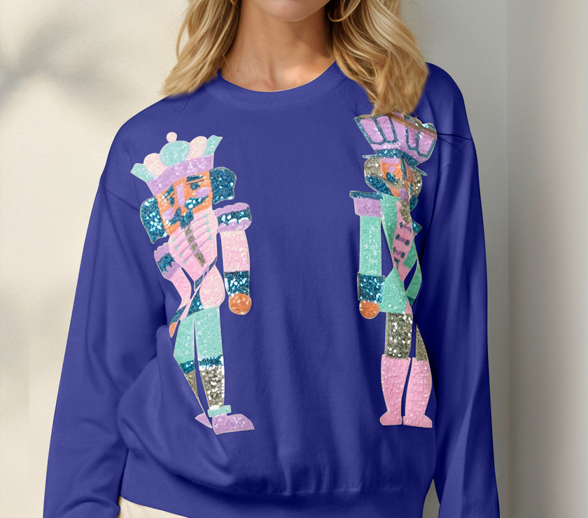 Double Take Full Size Sequin Nutcracker Long Sleeve Sweater