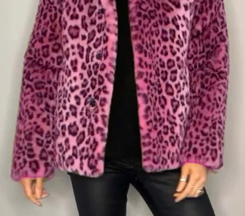 Full Size Leopard Furry Collared Neck Long Sleeve Coat
