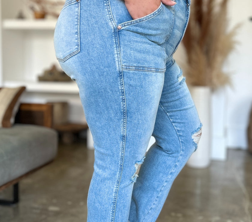 Judy Blue Full Size Distressed Straight Jeans with Patch Pockets
