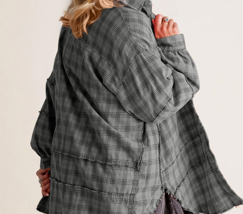 Exposed Seam Plaid Collared Neck Long Sleeve Shirt