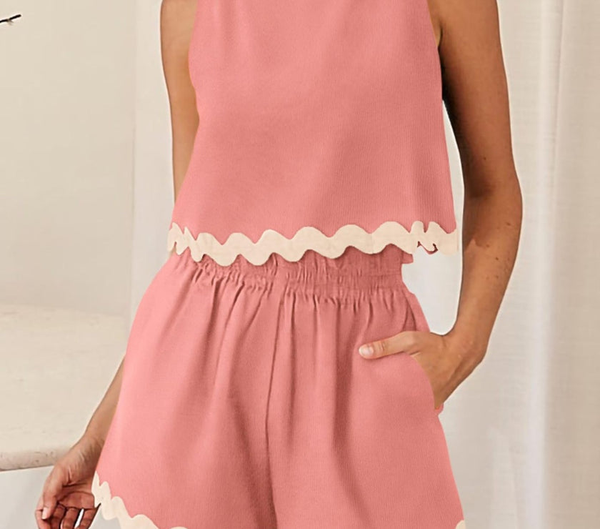 Contrast Trim Round Neck Top and Shorts Set