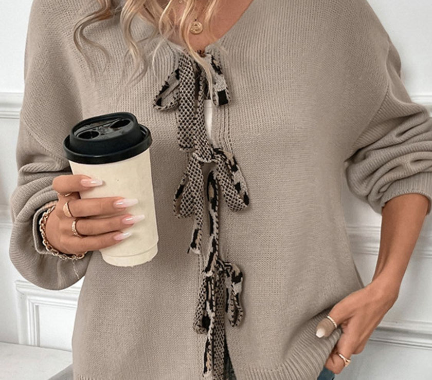 Perfee Tied Contrast Heart V-Neck Long Sleeve Cardigan