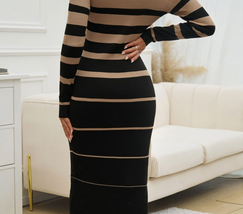 Devine Color Block Round Neck Long Sleeve Midi Dress