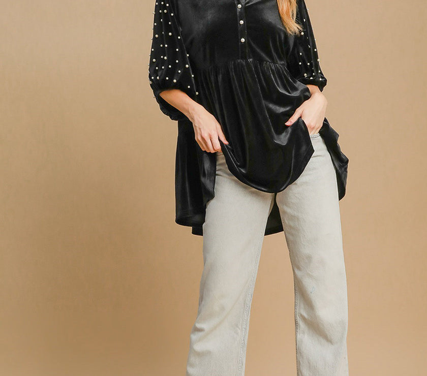 Umgee Pearl Detail Half Sleeve Velvet Babydoll Blouse