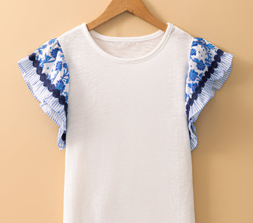 Blue Ricrac Trim Printed Flutter Sleeve Contrast Patchwork Blouse