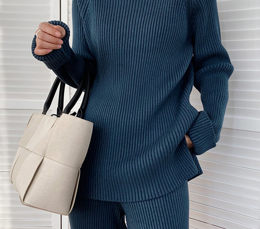 Mock Neck Raglan Sleeve Top and Pants Sweater Set