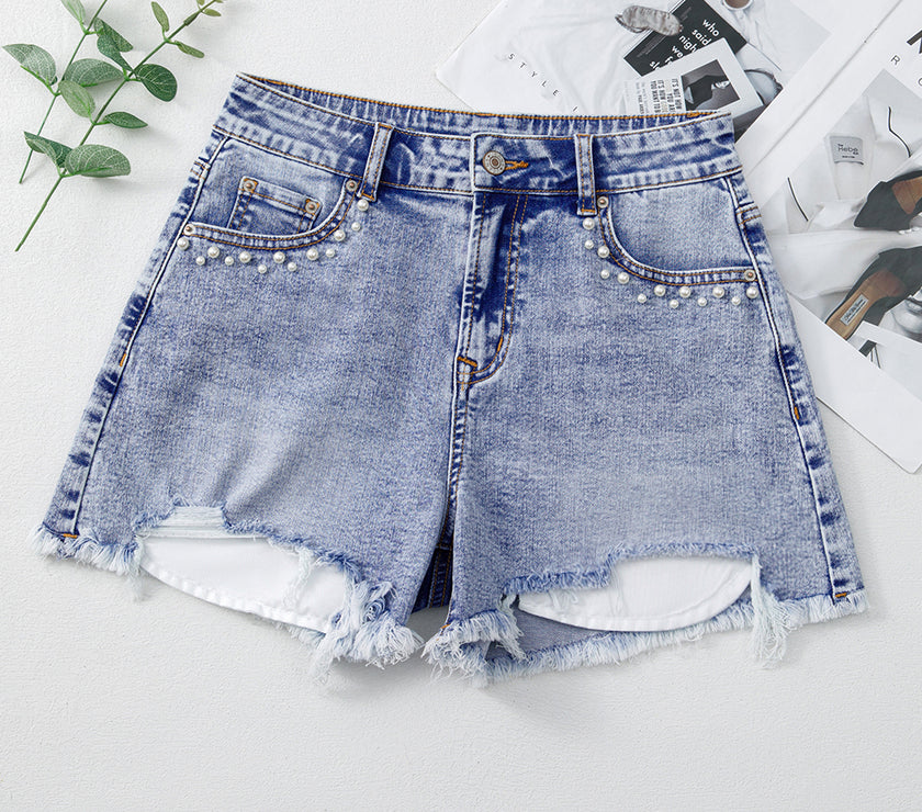 Beau Blue Pearl Studded Pockets Raw Hem Denim Shorts