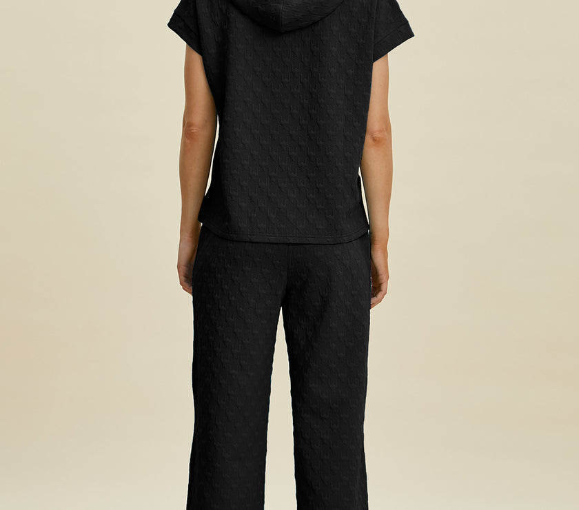 Double Take Full Size Texture Drawstring Short Sleeve Hoodie and Pocketed Pants Set