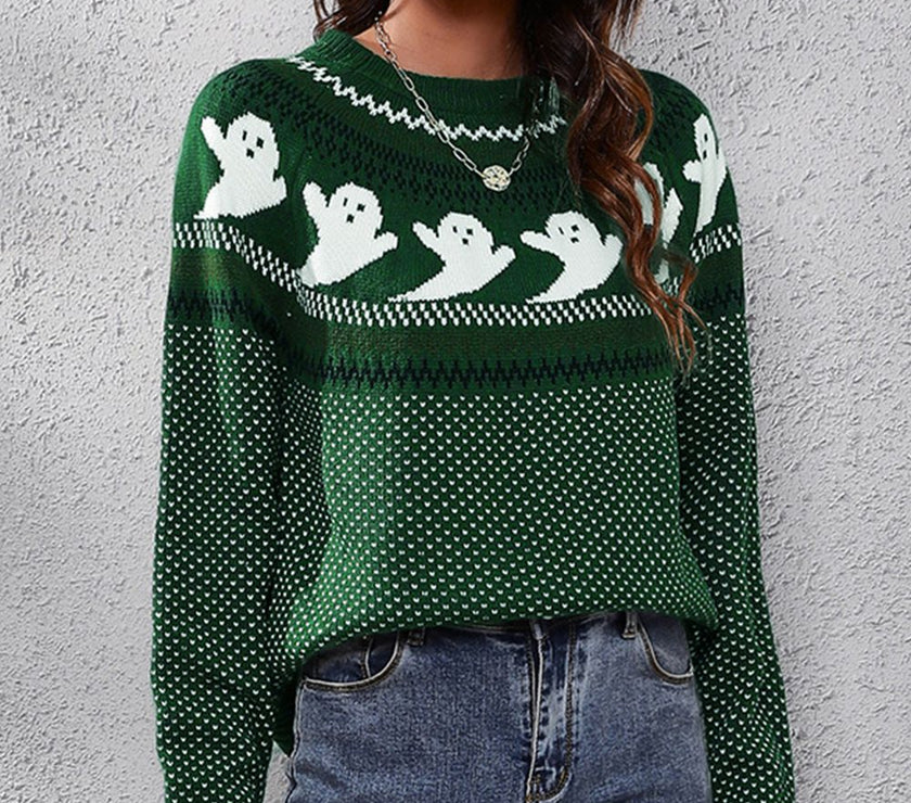 Ghost Pattern Round Neck Long Sleeve Sweater