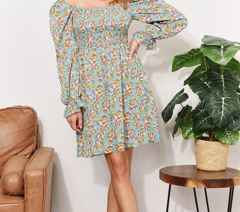 Honey Floral Smocked Flounce Sleeve Square Neck Dress