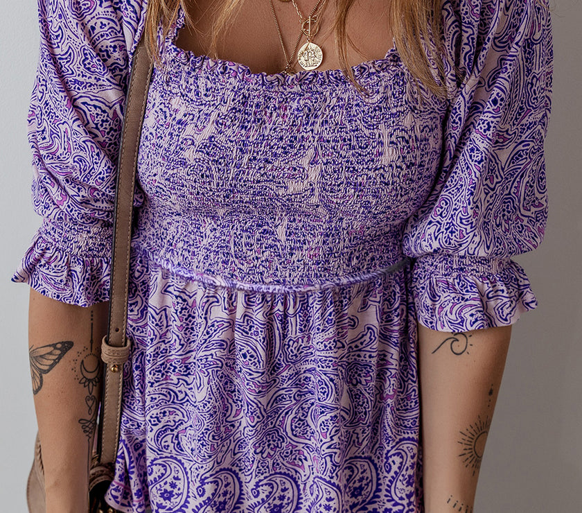 Purple Boho Paisley Print Half Sleeve Shirred Peplum Blouse