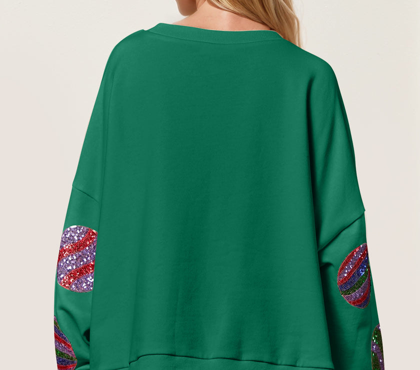 Double Take Christmas Element Sequin Round Neck Long Sleeve Sweatshirt