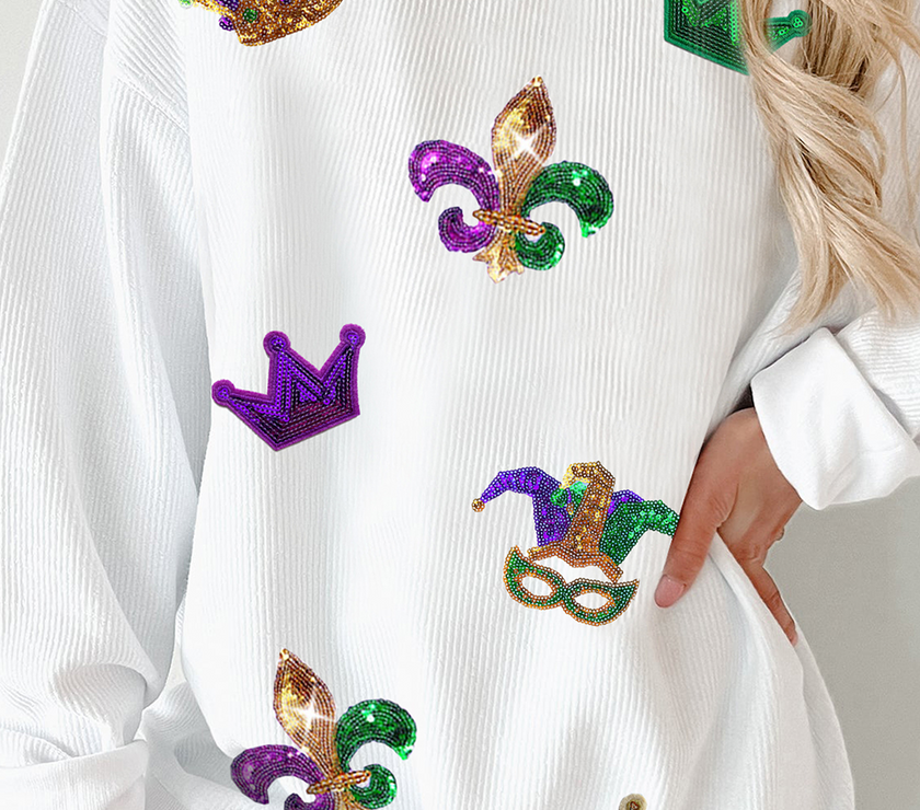 White Sequin Mardi Gras Symbol Crown Mask Patched Corded Sweatshirt