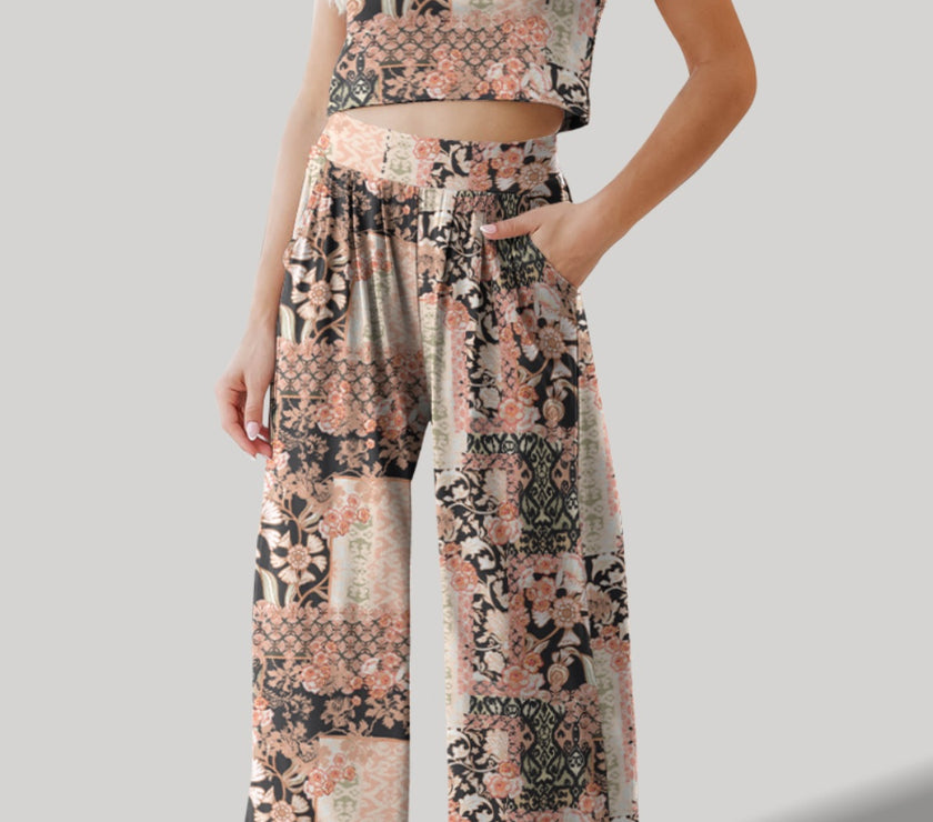 FAM-FAM Printed Round Neck Short Sleeve Top and Pants Set