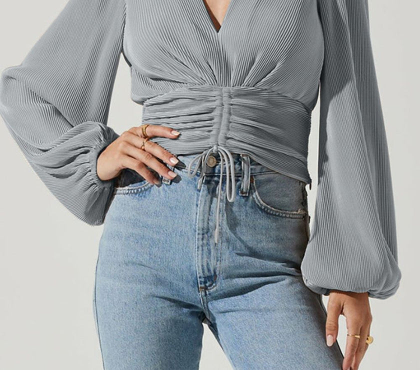 Drawstring V-Neck Long Sleeve Blouse