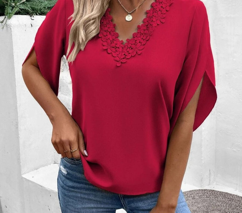 Lace Detail V-Neck Half Sleeve Blouse