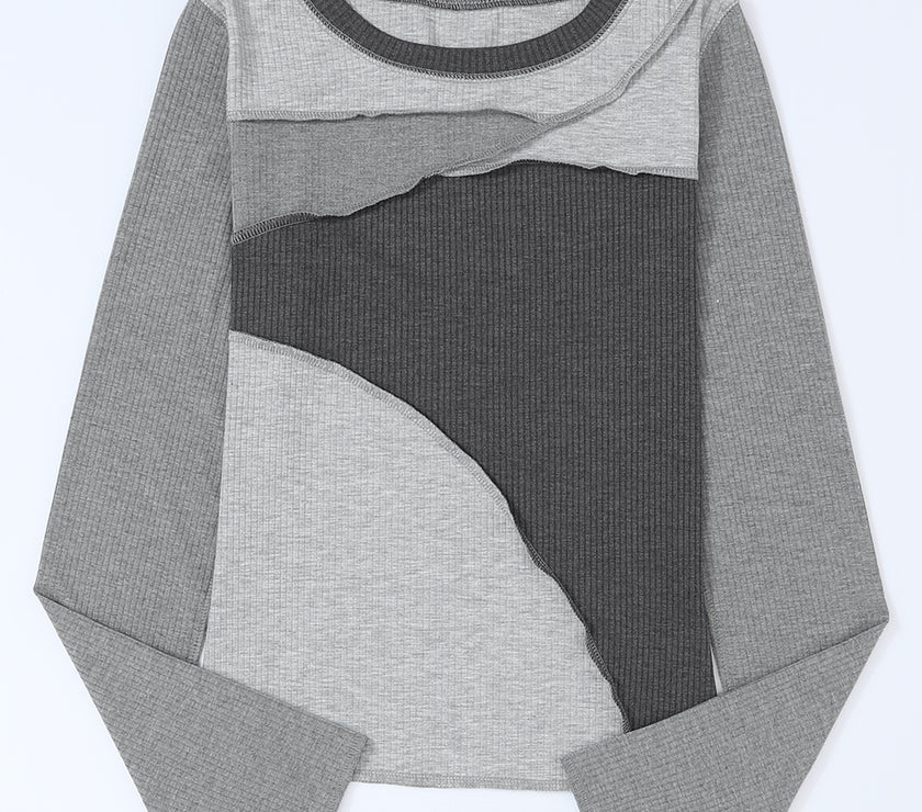 Exposed Seam Contrast Round Neck Long Sleeve T-Shirt