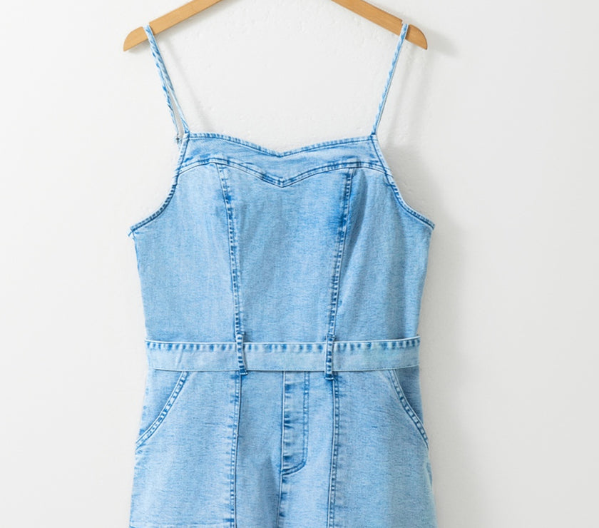 Tied Spaghetti Strap Denim Romper