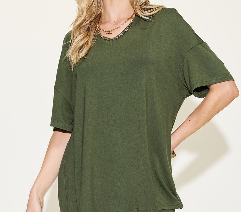 Basic Bae Full Size V-Neck Drop Shoulder T-Shirt and Shorts Set