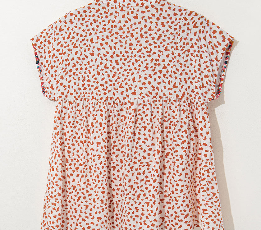 Red Printed Embroidery Detail Tie Split Neck Blouse