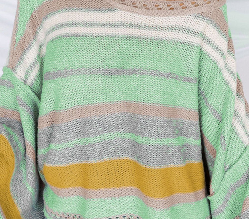 Contrast Striped Boat Neck Dropped Shoulder Sweater