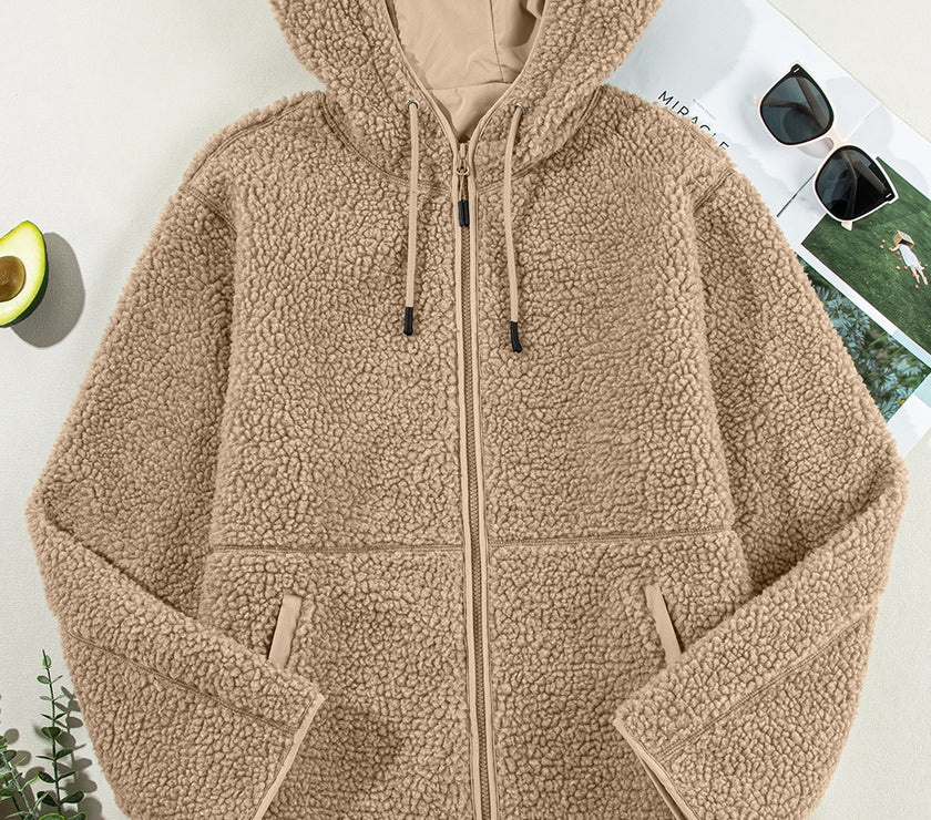 Drawstring Fleece Zip Up Hooded Jacket