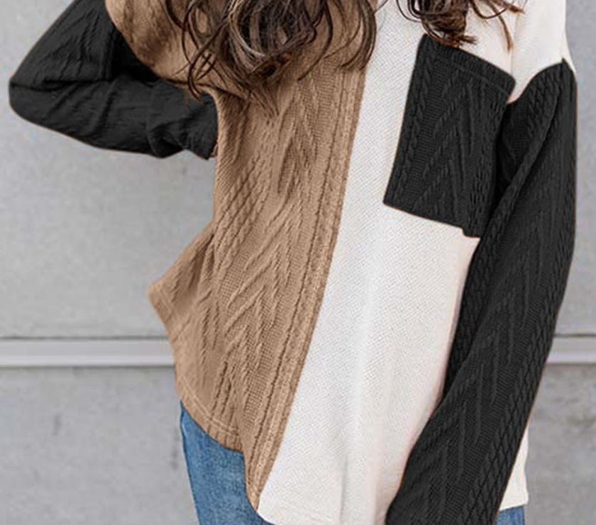 Full Size Color Block Cable-Knit Tops