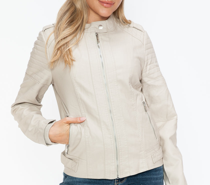 Snobbish PU Leather Biker Jacket with Side Zip Pockets