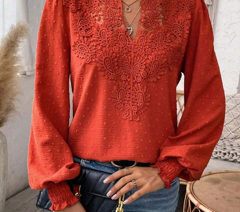 Swiss Dot Lace Detail Notched Long Sleeve Blouse