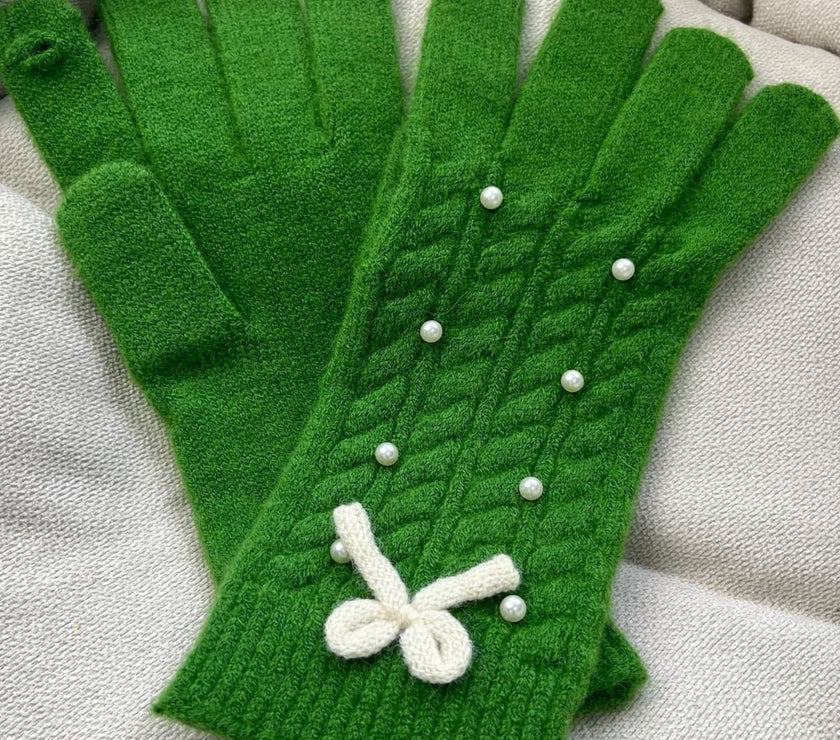 Thermal Pearl Detail Bow Five-Finger Gloves