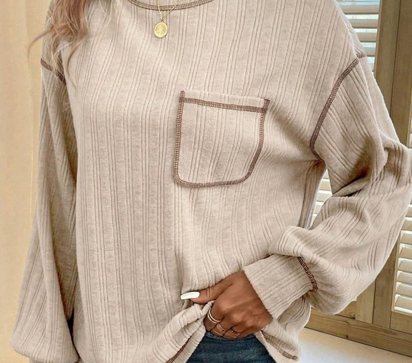 Mandy Contrast Stitching Round Neck Long Sleeve T-Shirt