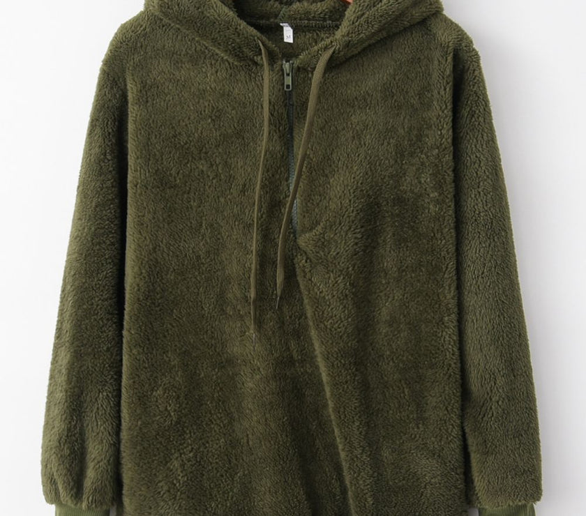 Full Size Quarter-Zip Drawstring Teddy Hoodie