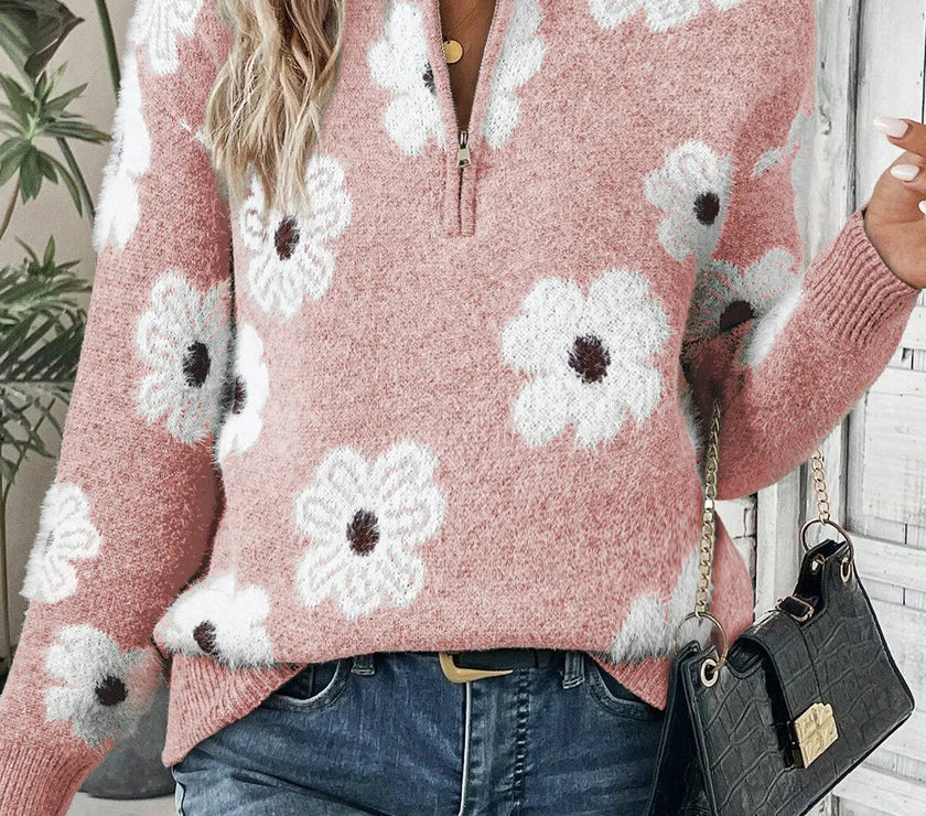 Flower Half Zip Long Sleeve Sweater