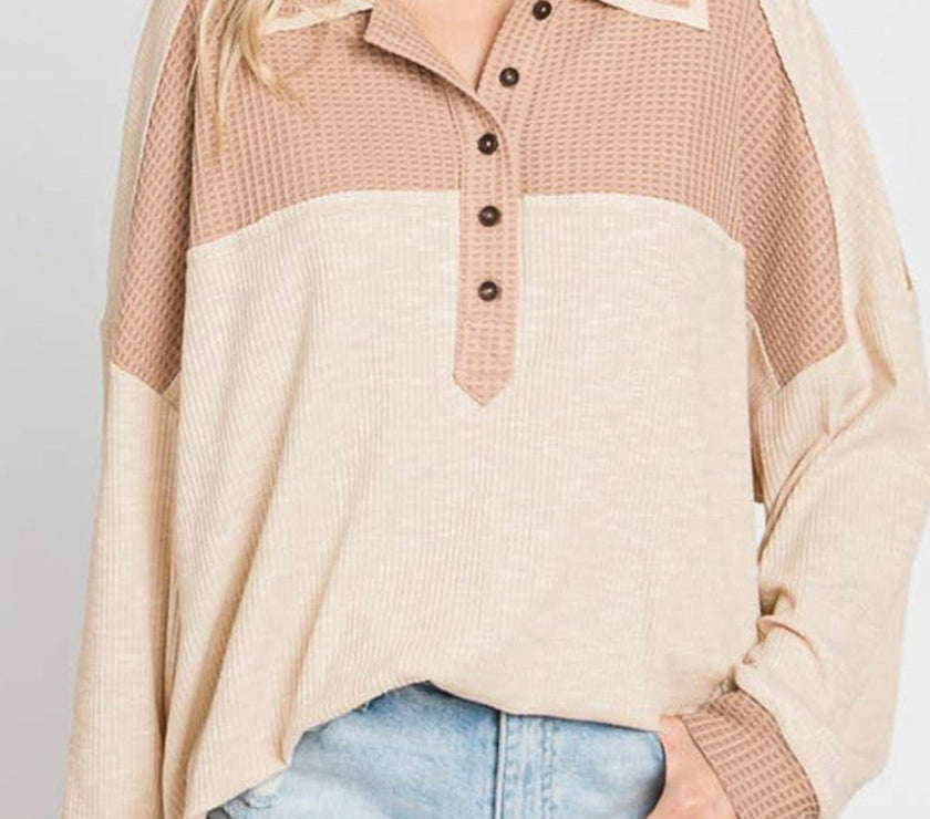 Waffle-Knit Color Block Half Button Long Sleeve Top