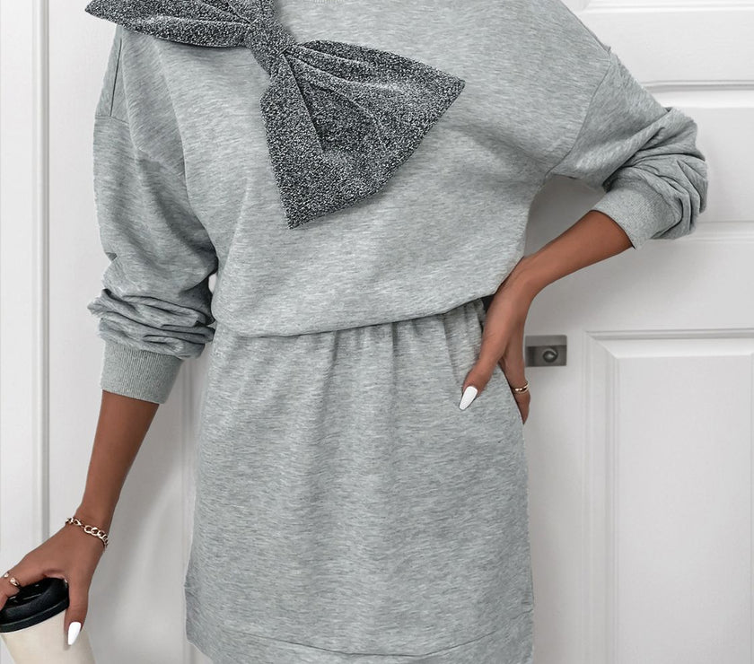 Perfee Bow Dropped Shoulder Long Sleeve Mini Dress
