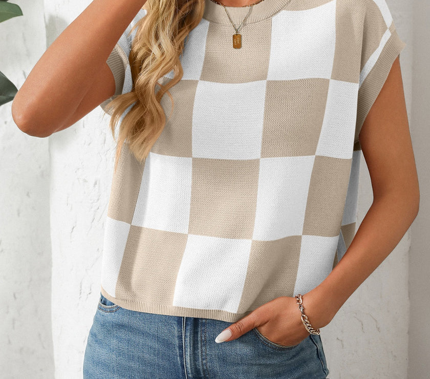 Mandy Checkered Round Neck Cap Sleeve Knit Top