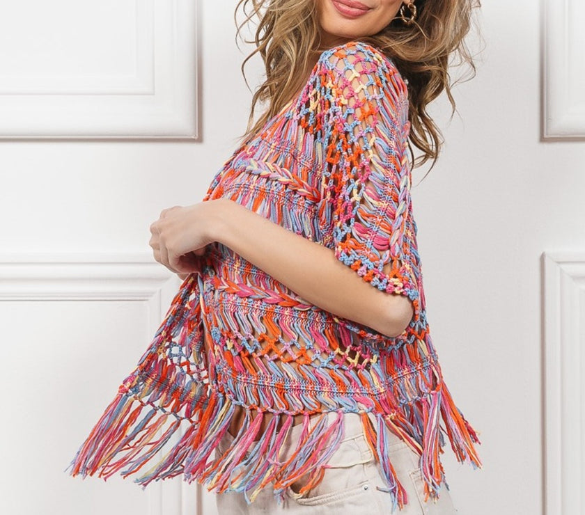 BiBi Open Front Fringed Crop Knit Cardigan