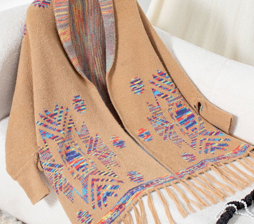 Fringe Geometric Open Front Long Sleeve Cape
