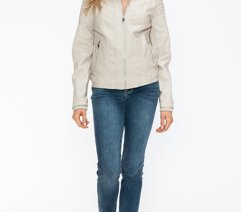 Snobbish PU Leather Biker Jacket with Side Zip Pockets