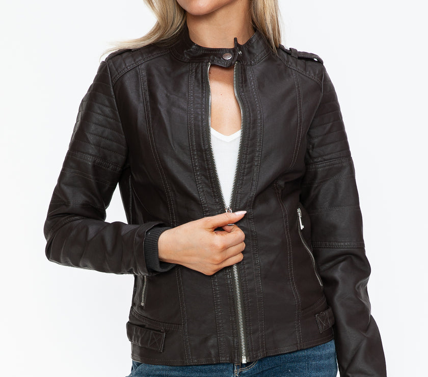 Snobbish PU Leather Biker Jacket with Side Zip Pockets