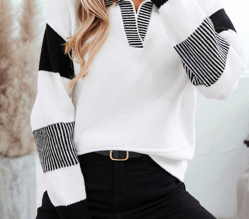 Striped Johnny Collar Drop Shoulder Sweater