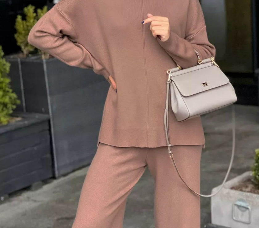 Slit Mock Neck Top and Pants Sweater Set