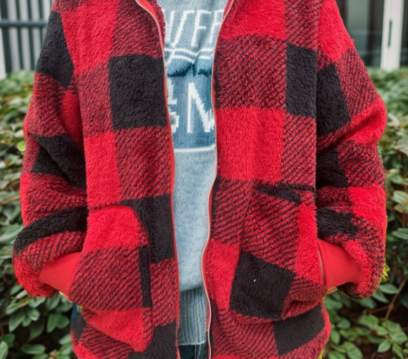 Double Take Full Size Plaid Long Sleeve Hooded Coat