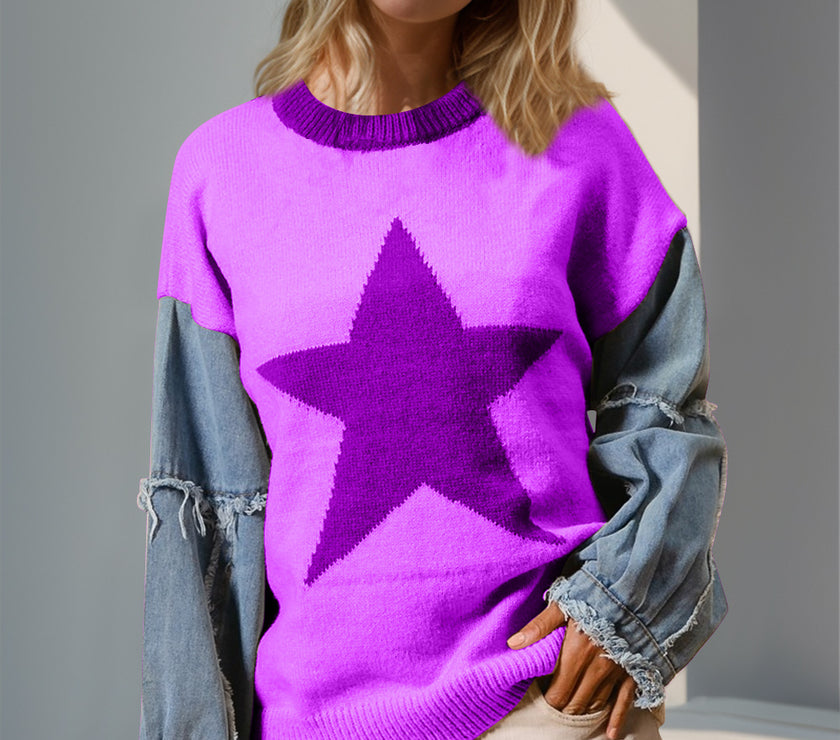 Double Take Full Size Star Pattern Raw Edge Long Sleeve Sweater