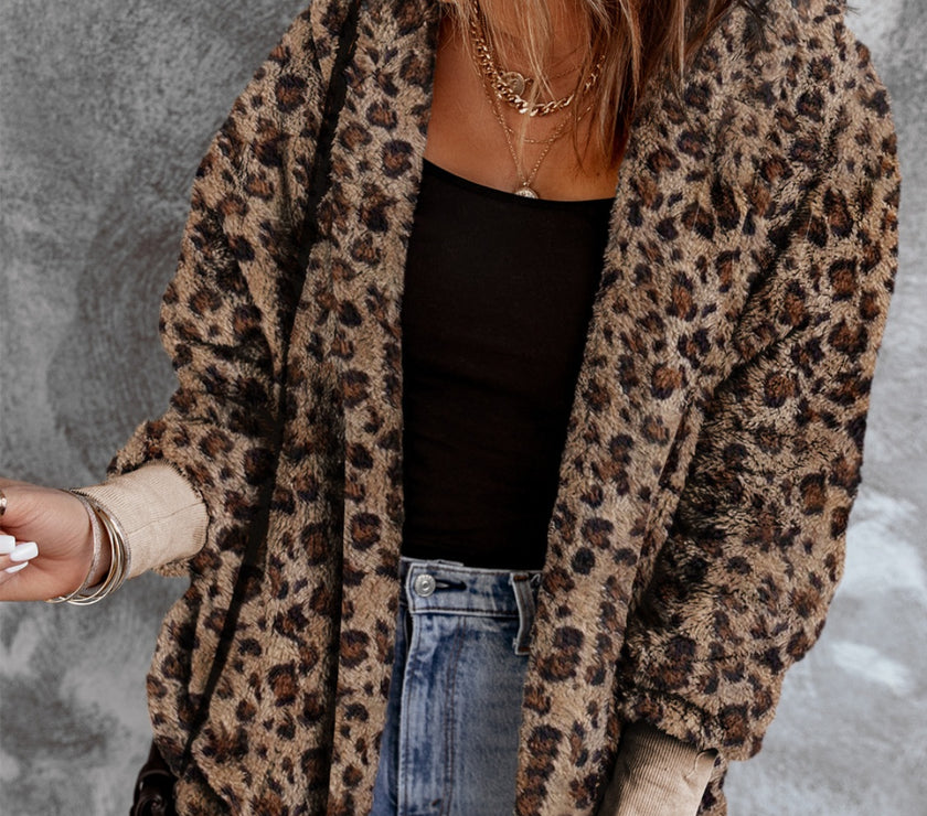 Fuzzy Leopard Long Sleeve Hooded Jacket