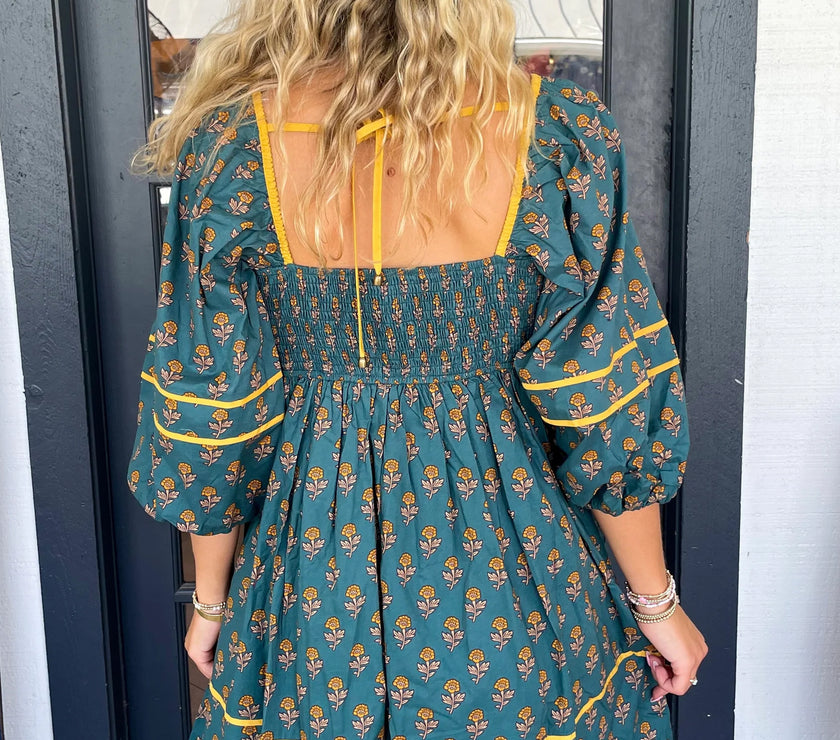 Skobeloff Floral Contrast Trim Square Neck Puff Sleeve Dress